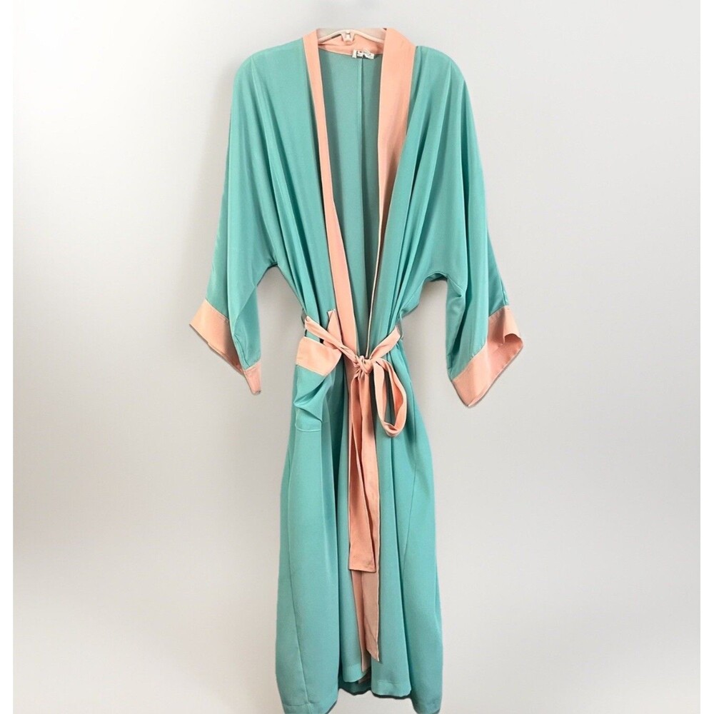 Silky Aqua & Peach Contrast Trim Robe